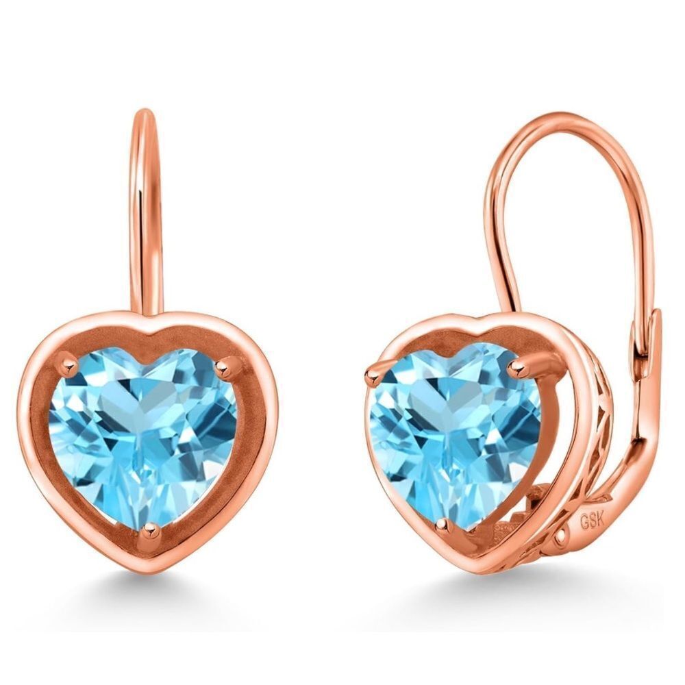 18K Rose Gold 925 with 3.00 Cttw 7MM Swiss Blue Topaz Heart Leverback Earrings